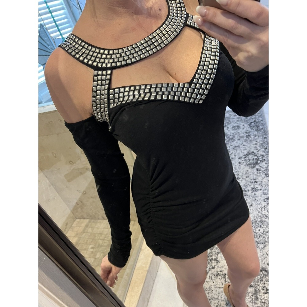 Boston Proper Black Cut Out Studded Knit Top Size Medium Ruched Sleeveless